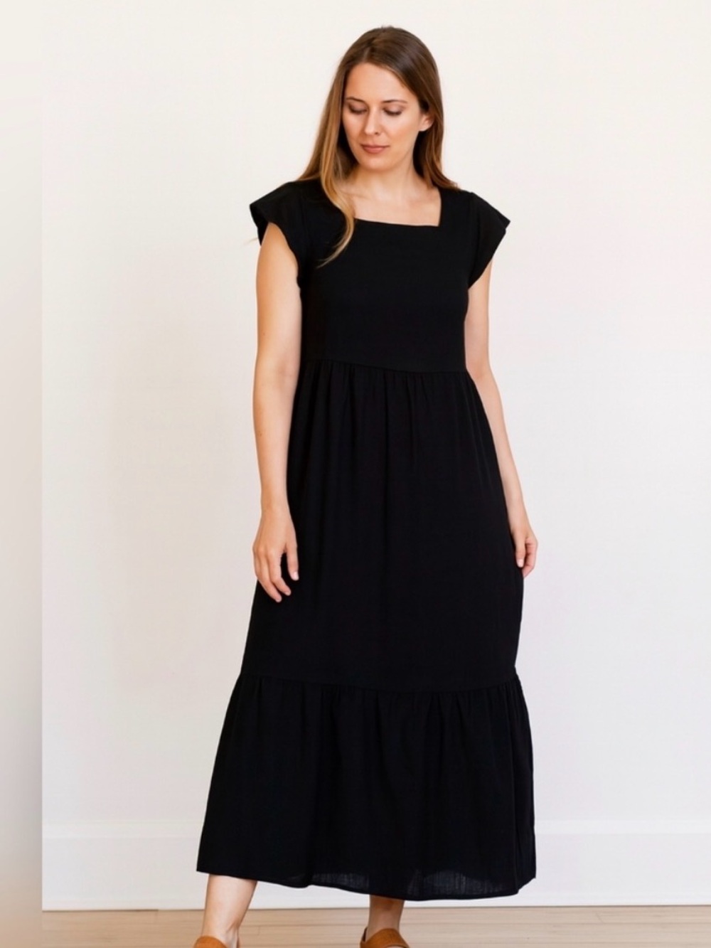 Time & Tru Black 100% Cotton Maxi Dress/ Tiered/ Ruffle Sleeve/ Women’s XL